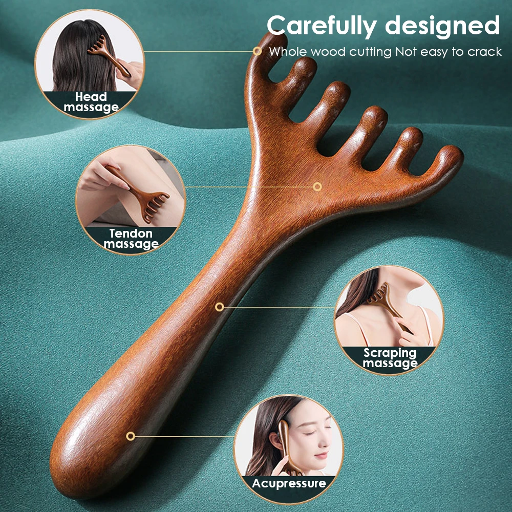 1PC Wooden Head Neck Massager Comb Stick Scalp Gua Sha Five-Claw Hair Scratcher Tool Spa Handheld Meridian Hair Back Care