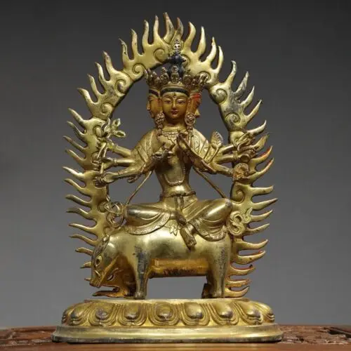 

12" Old Tibetan Buddhism Temple Bronze 24k gilt Molizhi heavenly Buddha statue