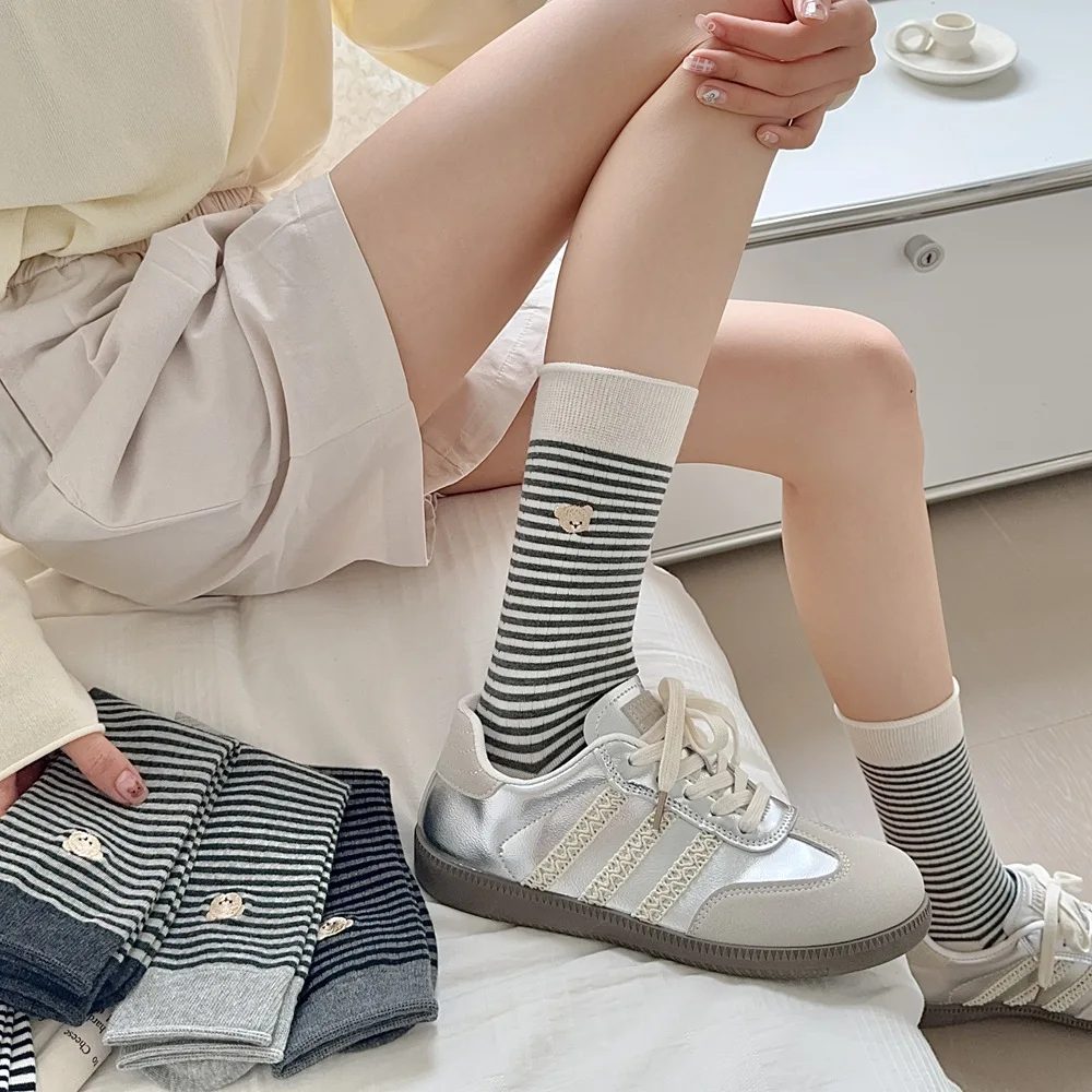 Women's Socks Pinstripe Mid-tube Girls Cartoon Cute Bear Korean Japanese All Matching Academy-style Cotton Socks Ins Stockings