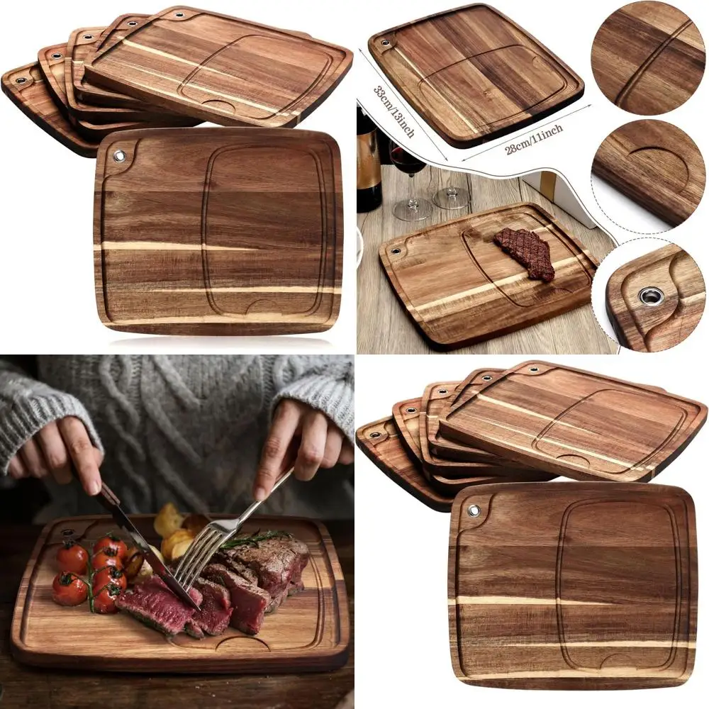 

Acacia Wooden Steak Board Set with 6 Plates, Ideal for Christmas Serving Meat, Snacks, and Desserts, 13x11x0.6 Inches