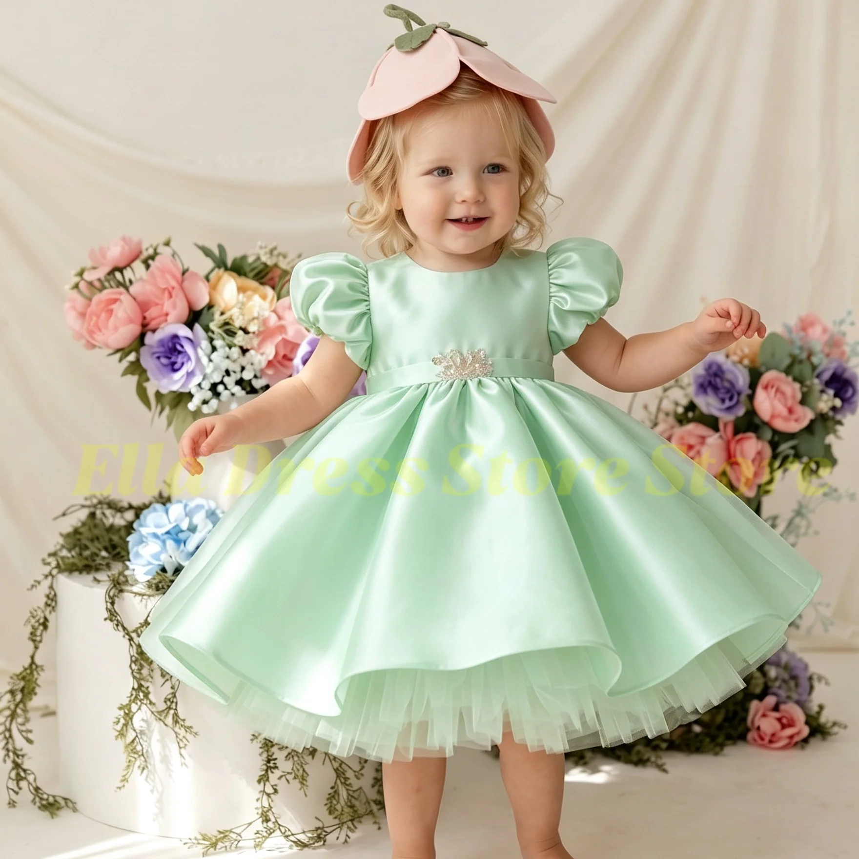 Großhandel Rosa Blumenmädchenkleid für Hochzeit Schleife Satin Teelang Mädchen Kinder Geburtstagsfeier Erstkommunion Kleid Maßanfertigung – Detail 3