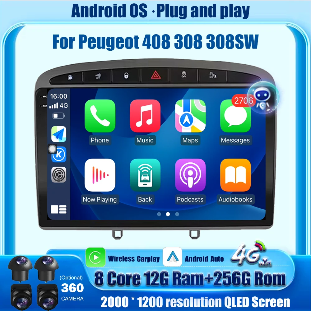 

Car Radio Multimedia Player GPS Navigation Stereo For Peugeot 408 308 308SW Android Auto Wireless Carplay 360 Camera BT DSP 9''