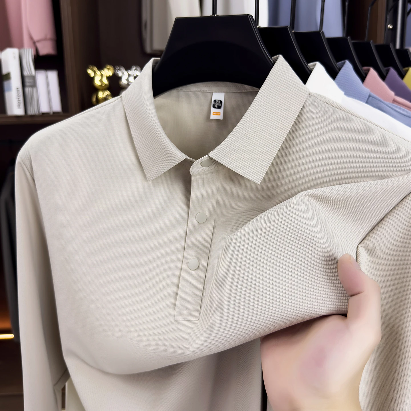 Mens Long Sleeve Waffle Polo Shirt Stretch Polyamide Elastane Blend Button Collar Solid Color Casual Top for Autumn Daily Wear