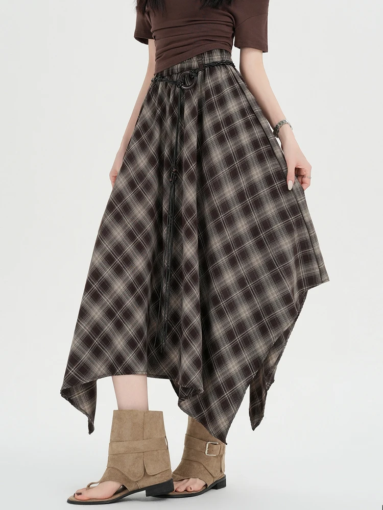 

Retro Plaid Asymmetrical High Waist Skirt Women's Spring Summer New Style Casual A-Line Umbrella Skirt Comfortable Soft Fabri...