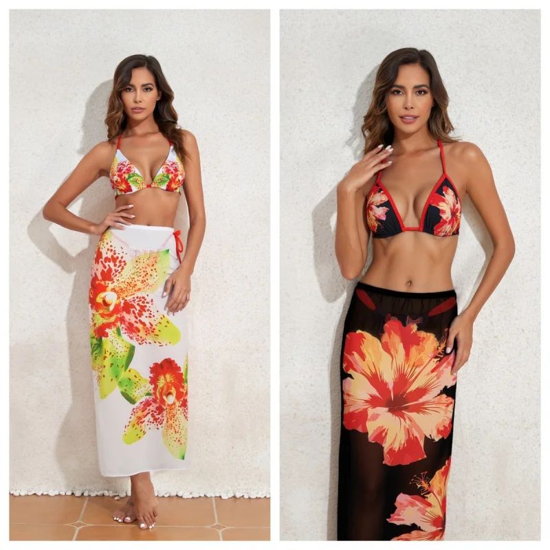 

2026Printed Backless Bikini Three-Piece Swimsuit Sexy Long Gauze Skirt Swimwear