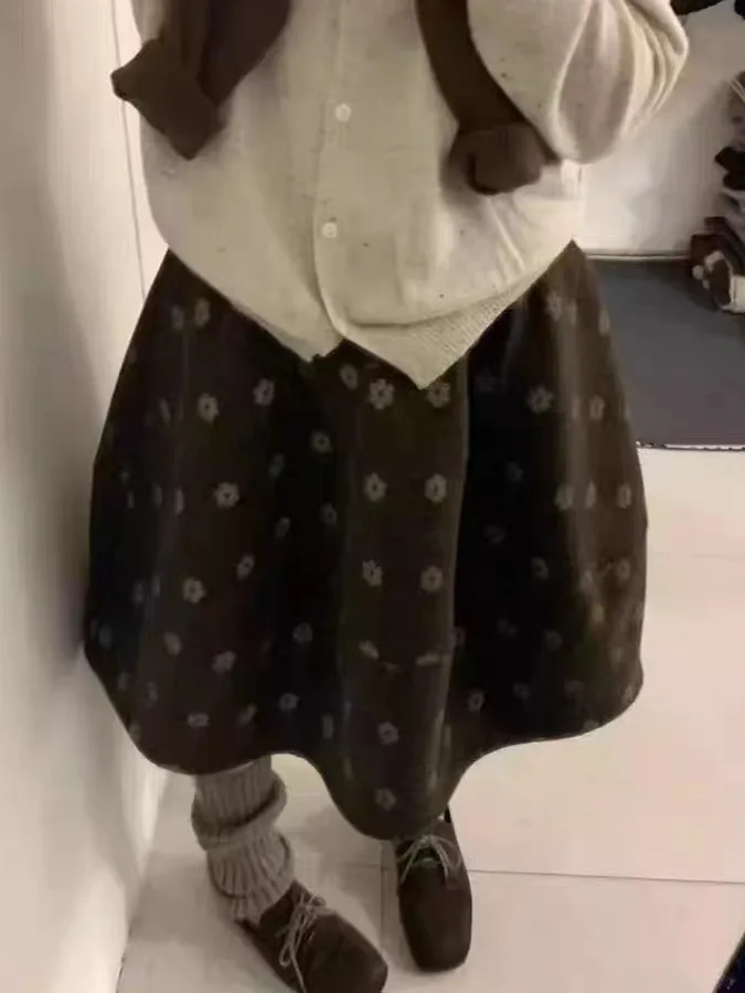 레트로 플로럴 울 스커트 여성용 가을 겨울 슬림핏 소형 다용도 A라인 블룸 스커트 퍼프 스커트