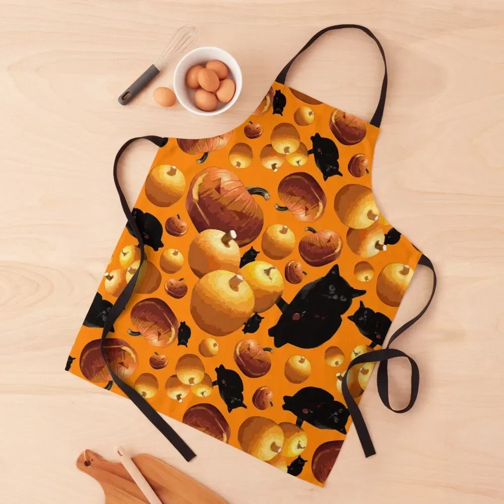 Black Cat and Pumpkins Tossed on Orange Repeat 5748 Apron For Home Accessories painting Women's Home Clothes Apron