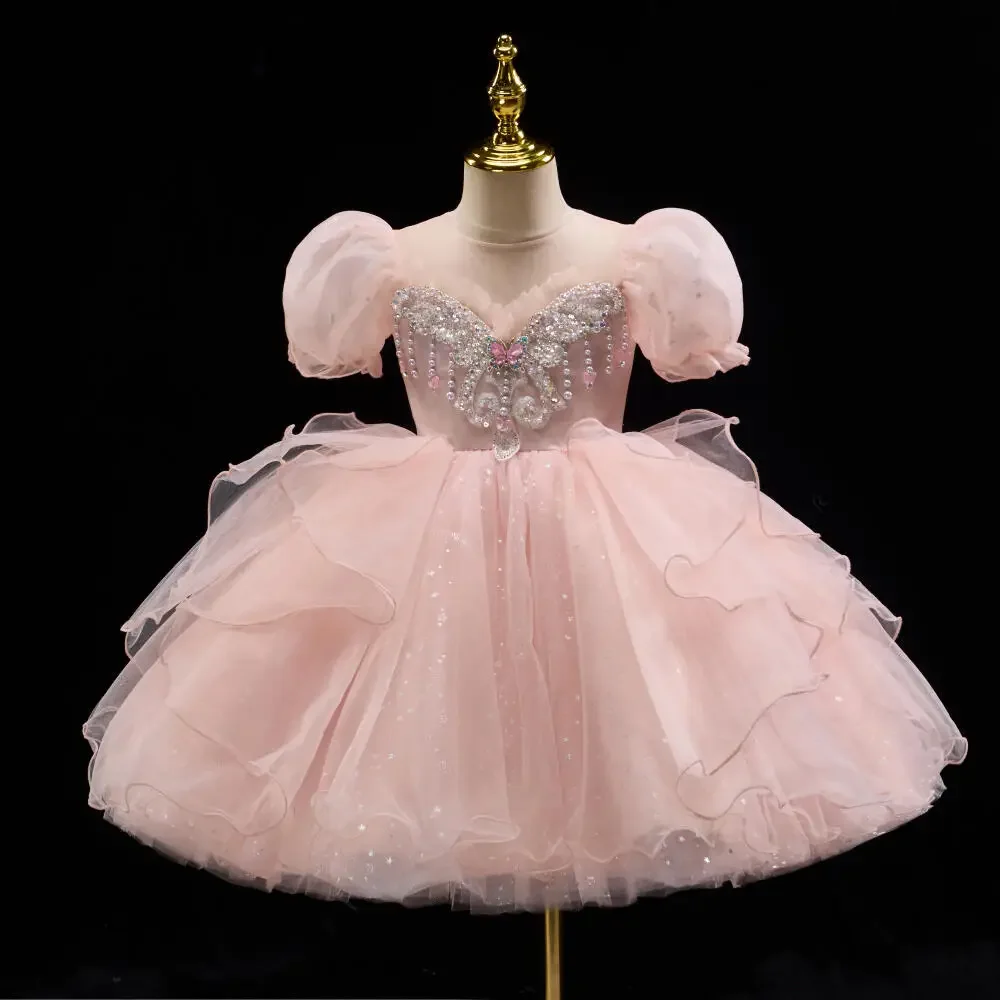Girl Puff Sleeves Princess Dress Children's Luxury Fashion Wedding Holiday Party Dance Ball Gown Little Girl Tulle Dresses New