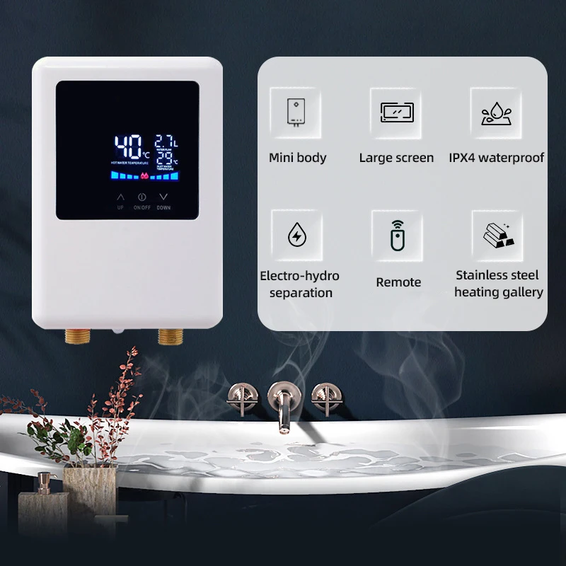 เครื่องทําน้ําอุ่นห้องน้ําห้องครัวติดผนังเครื่องทําน้ําอุ่นไฟฟ้าจอแสดงผลอุณหภูมิ LCD พร้อมรีโมทคอนโทรล 110 V/220 V