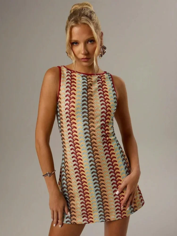 

Fashion Colorful Knitted Mini Dress Women Round Neck Sleeveless Contrast Bodycon Dresses 2025 Summer Lady Beach Vestidos