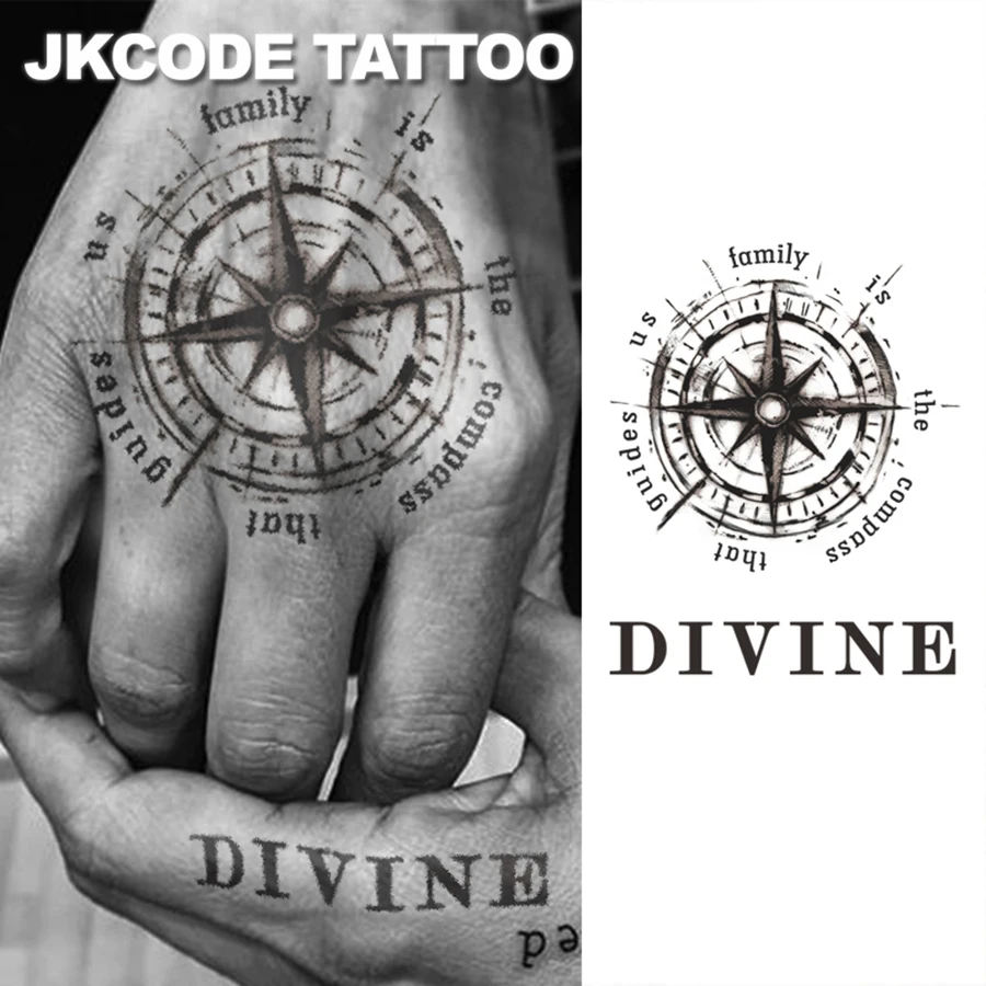 Herbal tattoo with a nautical theme in a cool style - English text: DEVINE - Compass that loves home - Chain compass pattern with English sentence - Casual tattoo for men and women for hands, neck, and head, long-lasting and waterproof for 15 days