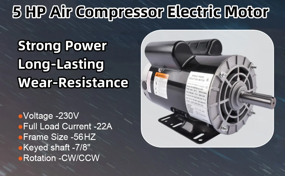 AP03 5HP Air Compressor Electric Motor, 230V 22 Amps, 3450RPM 56HZ Frame, 7/8" Keyed Shaft, CW/CCW Rotation 2.25" Shaft Length