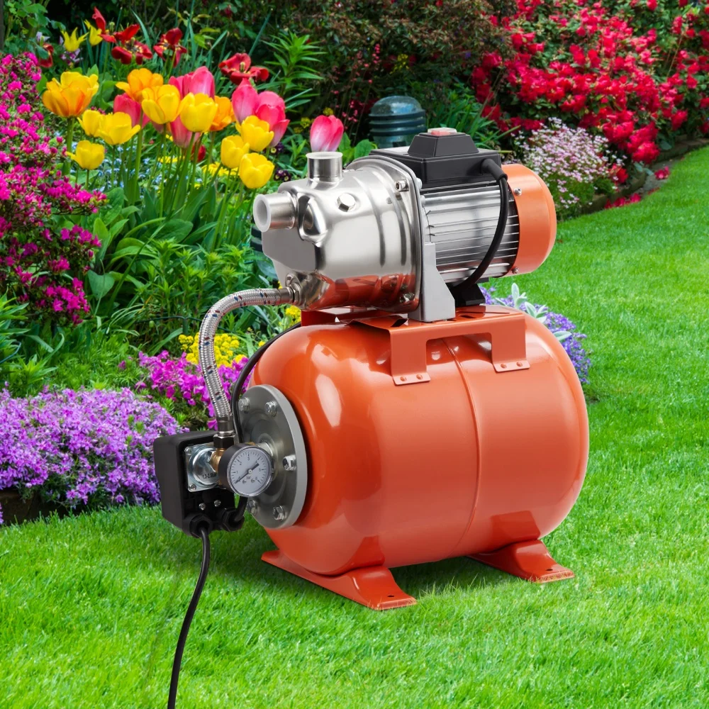 3/4HP 1HP Shallow Well Pump with Pressure Tank Stainless Steel Irrigation Pump, Jet Pump Automatic Booster with Preset Switch