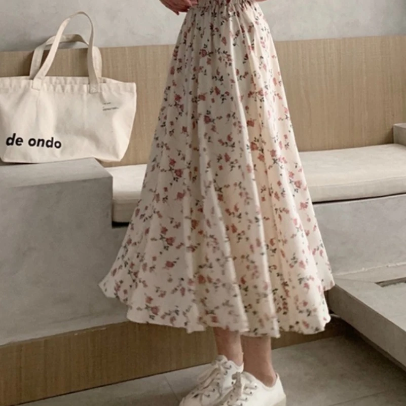 

New Vintage Floral Print A-line Pleated Long Skirts Summer Women Korean Skirt Streetwear Drawstring Elastic Waist Midi Skirt