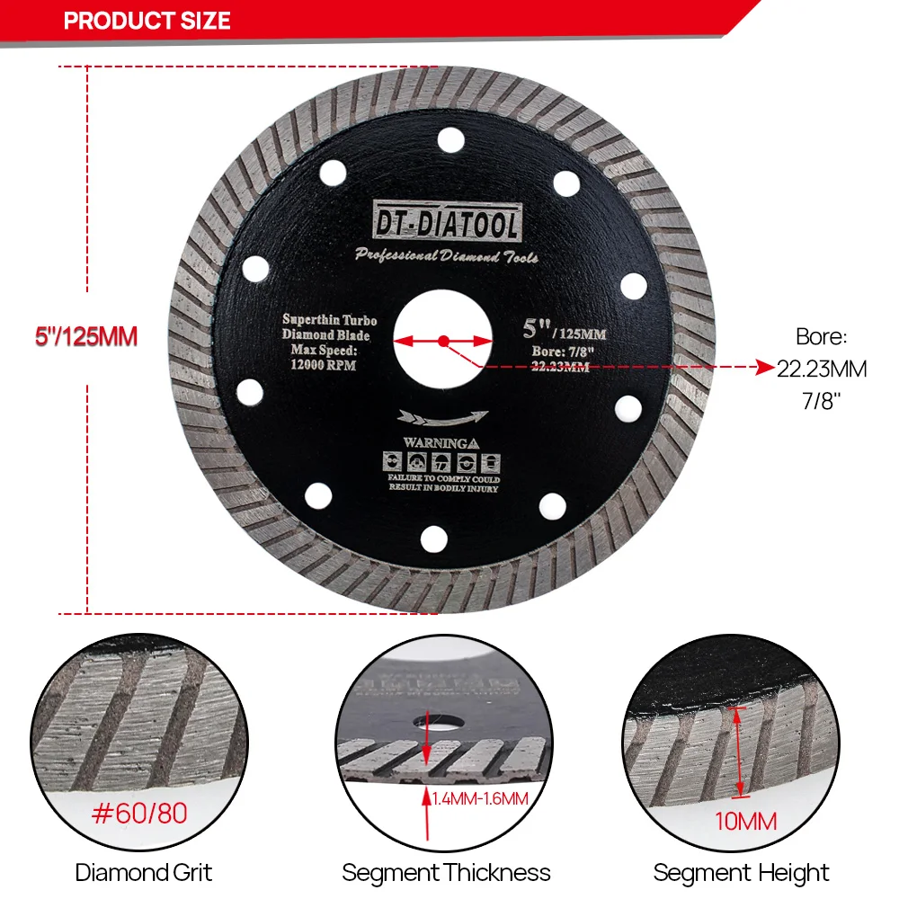 DT-DIATOOL-Disco de corte super fino para azulejos cerâmicos, lâminas de serra para granito, Turbo Bore 22.23mm, 10PCs, 125mm, 5in