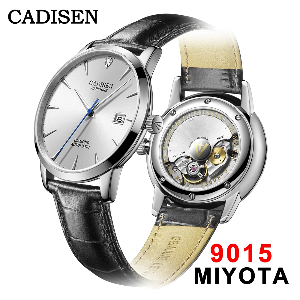 CADISEN Men Watches Automatic Mechanical Wrist Watch MIYOTA 9015 Top Brand Luxury Real Diamond Watch Curved Sapphire Glass Clock