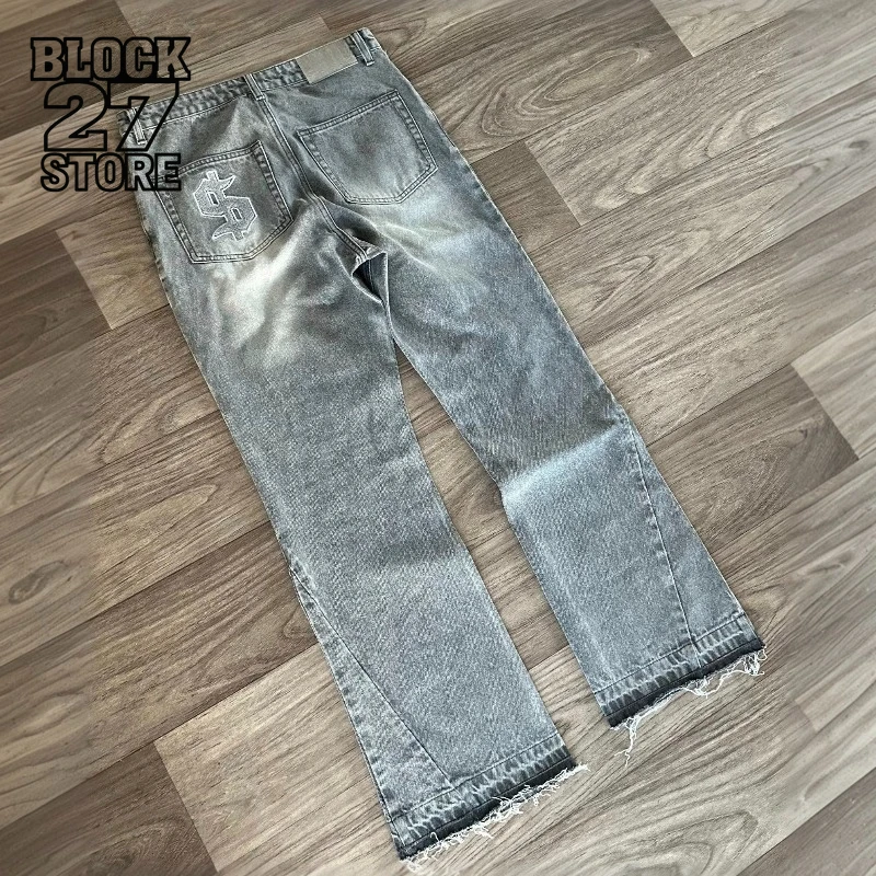 Y2K Retro Jeans Light Color Dollar Pattern Embroidery Splice Denim Pants Gothic Hip Hop Streetwear Men Women Fashion Baggy Pants