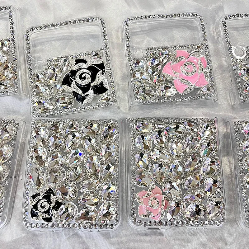 Luxury Fashion Crown Fox Fur Sparkle Gems Love Bling Flower Cases for Samsung Galaxy Z Flip1 2 3 4 Flip4 Flip5 5G Diamond Cases