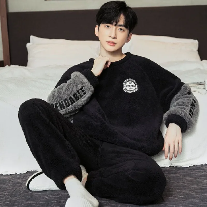 

Male Coral Velvet Pajamas Men Autumn Winter Sleep Clothes Set Plush Thickened Flannel Students Pullovers Home Wear Sets Pyjamas