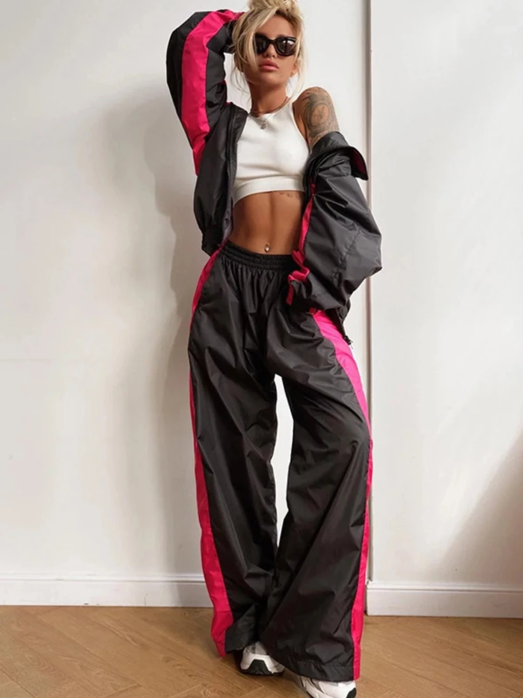 

FSMG Casual Contrast Sportswear Set Loose Long Sleeve Zipper Jacket+Elastic Waist Wide Leg Pants 2 Piece Ensemble Sporty Suit