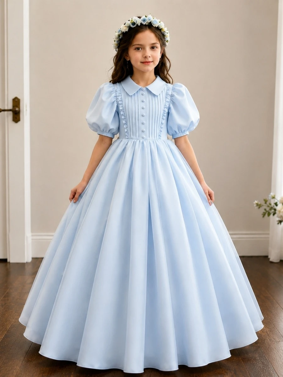 Classic Satin Pleated Flower Girl Dress for Wedding Kids High Neck Bubble Sleeves Ball Gown Princess Holy Communion Dress Custom