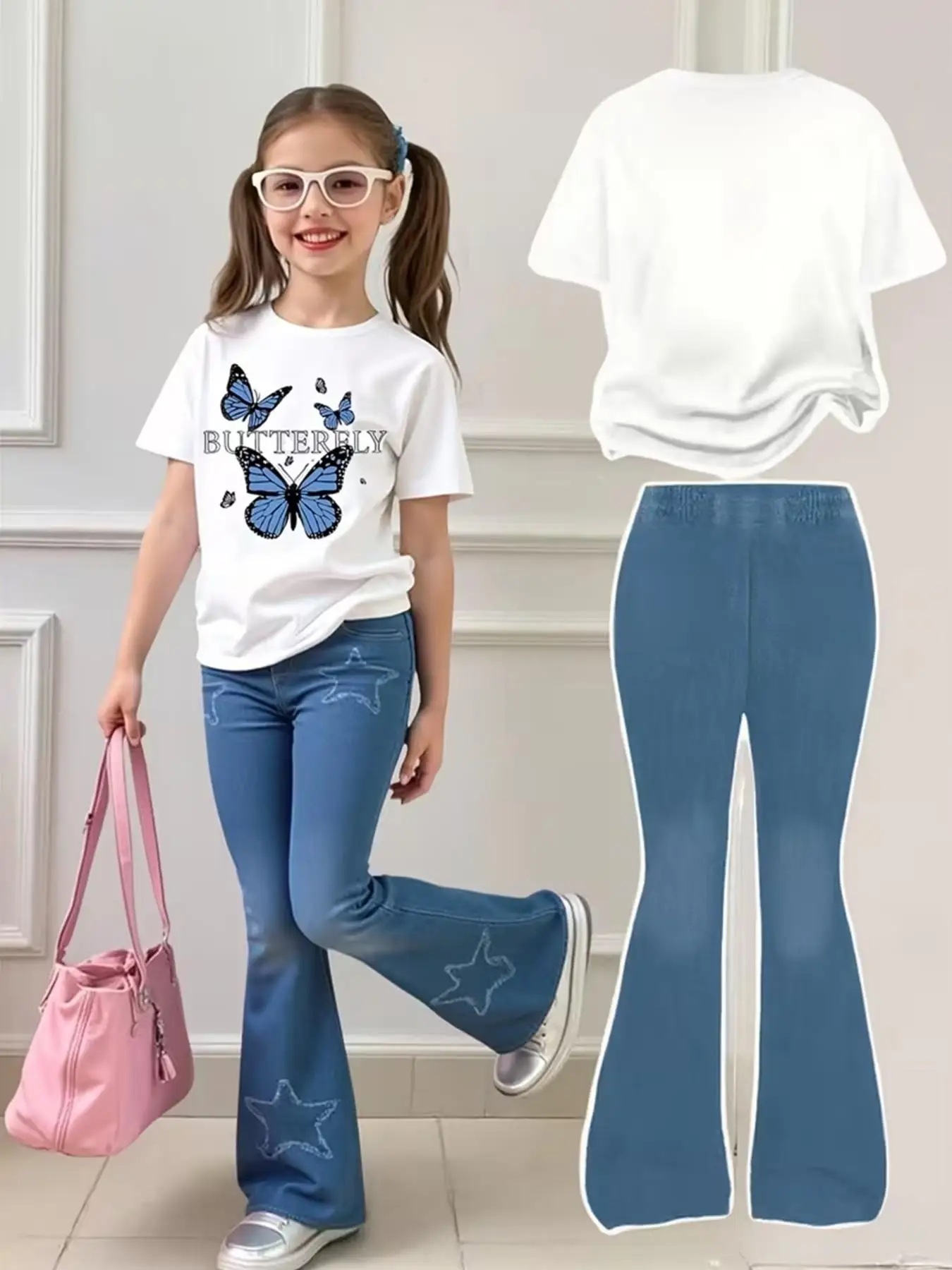 Girls' Summer Casual Outfit: White Butterfly Print T-Shirt + Blue Faux Denim Star Bell-Bottom Pants, Two-Piece Set Suitable for Children Aged 4-12, Versatile Clothing for Home and Outings