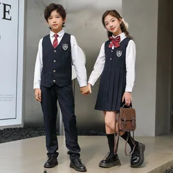 Uniforme scolaire japonais pour enfants, chemise blanche, robe chasuble plissée bleu marine, pantalon avec nœud, ensemble de vêtements pour fille et garçon, tenue d'étudiant