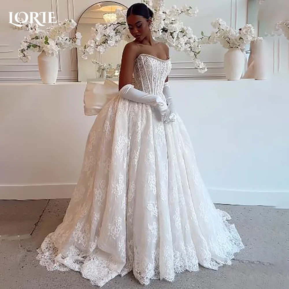 LORIE-vestido de novia de Encaje Vintage, corte en A, sin tirantes, apliques, vestido de novia de princesa, pajarita de princesa, vestido de novia personalizado