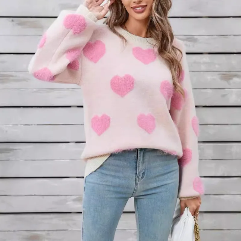 Love\'s Knit Sweaters Pullovers Winter Women\'s Tops New Valentine\'s Day Love Casual Loose O-neck Full Lantern Warm Thick Sweater