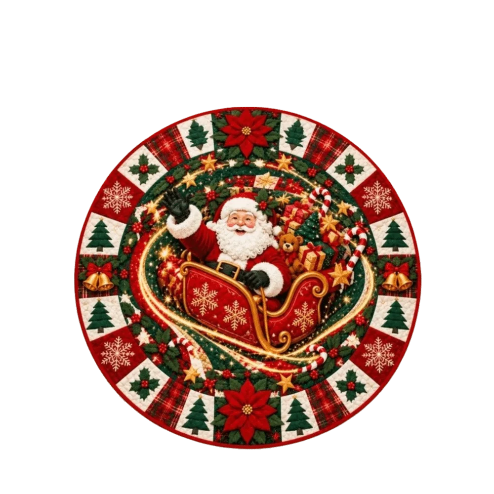 2D Flat Printed Christmas Rug Santa Claus Velvet 3D Illusion Rug Floor Mat Non-Slip Round Vortex Carpet Christmas