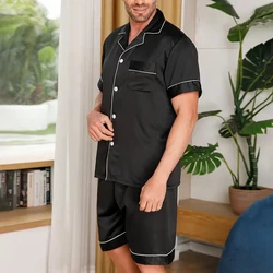 2pcs/Set Men's Pajamas Set For Summer Black Short Sleeve Button Down Shirt Top & Shorts Sleepwear Loungewear Shorts Suit Pyjamas
