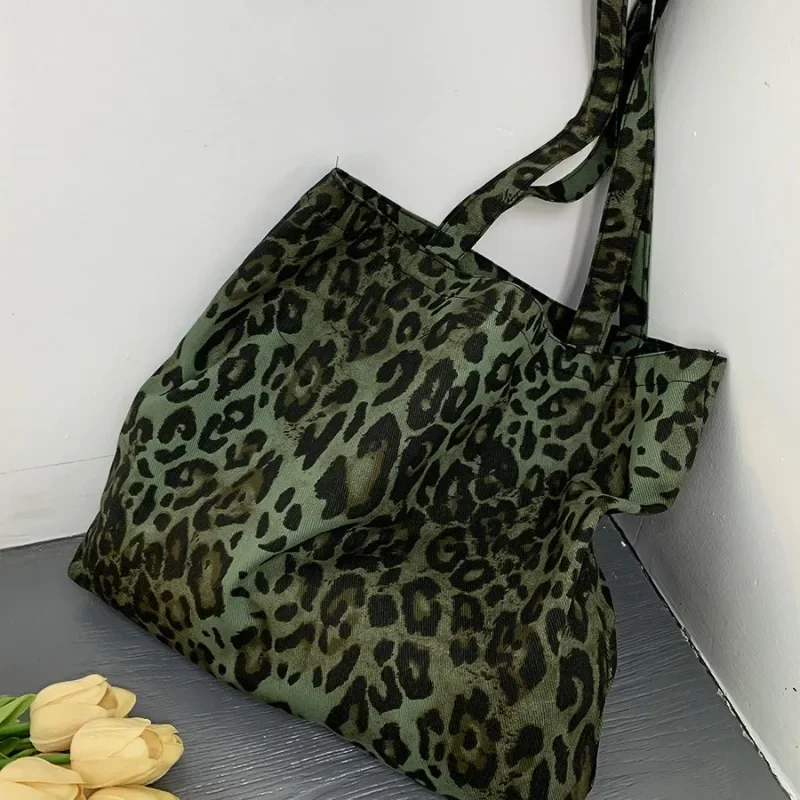 Moda simples leopardo impressão lona sacolas para mulheres tendência lazer estudante grande capacidade de armazenamento bolsa ombro bolsas