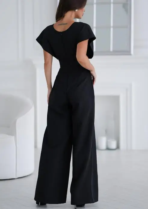 Jumpsuit Women 2025 Summer New Solid Color Short Sleeved V-Neck Waist Slimming Casual Pocket Design Wide Leg Jumpsuit