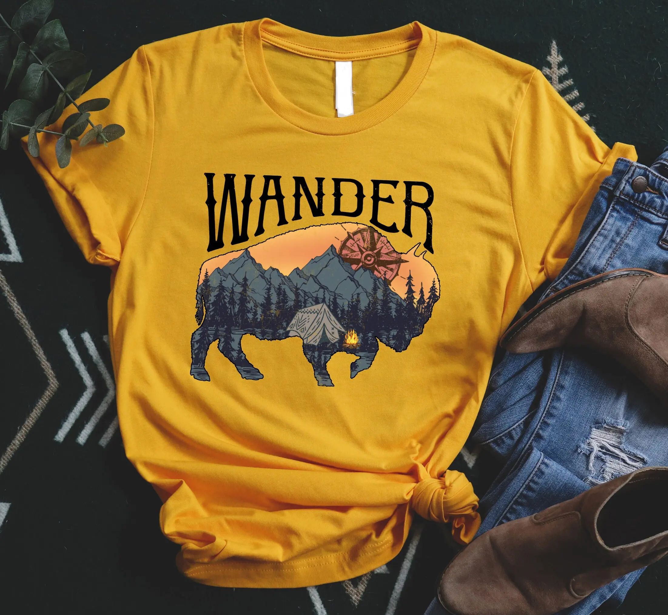 Wander Buffalo T Shirt Road Trip Camping Travel Mountain Hiking Adventure Nature