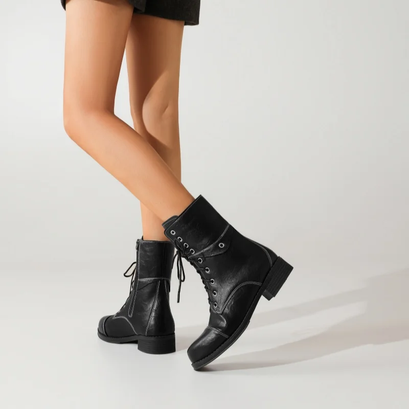 Women Vintage Motorcycle Boots, Lace Up Side Zipper Mid Calf Ankle Boots, Winter Cap Toe Block Low Heel Stitched Combat Boots