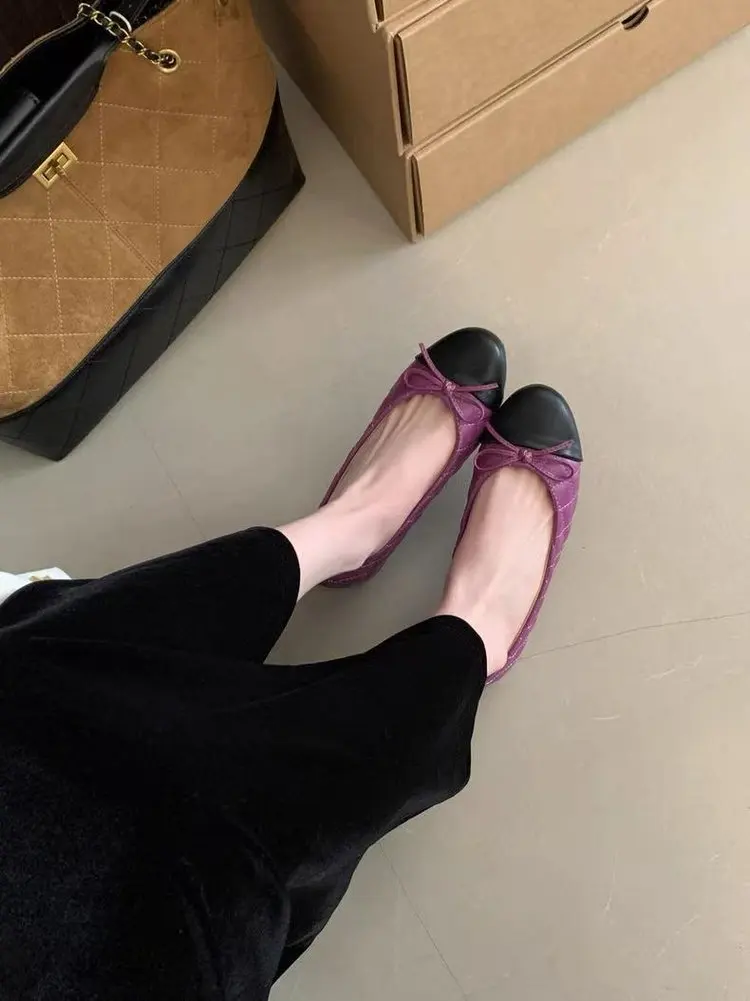 Zweifarbige Damen-Loafer mit Schleife und flachem Absatz, zum Hineinschlüpfen, runde Zehenpartie, bequeme Vintage-Schuhe für Büro, Alltag, Party – Detail 14