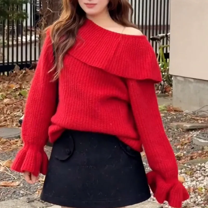 

New Slash Neck White Sweaters Knitted Sweater Women Pullovers Long Sleeve Knit Sweater Pullover Women Tops Sueter Feminino Q2849