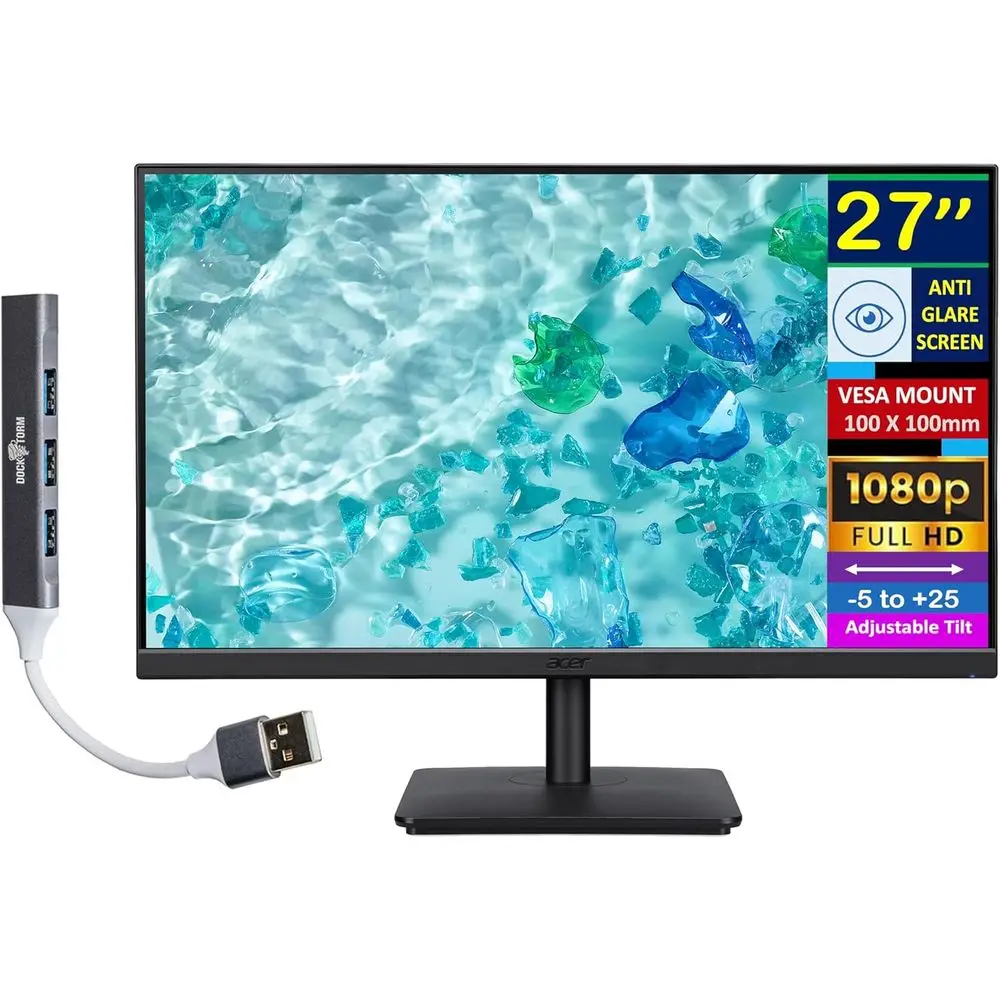 

27-дюймовый HD IPS-монитор с временем отклика 4 мс, антибликовым покрытием, креплением VESA (100 мм), разъемами VGA, HDMI и USB-хабом Dockztorm, черный цвет