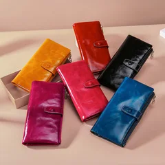 

Genuine leather long women's wallet rfid anti-theft brush multi-slot retro oil wax leather women's hand-held wallet