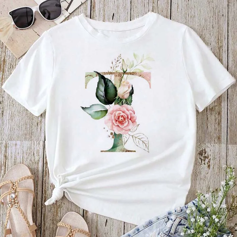 Women's Shirt with Letter Pattern Flower and English Letter Cartoon Fashion Aesthetics, Short Sleeved Printed Women's Top Tops