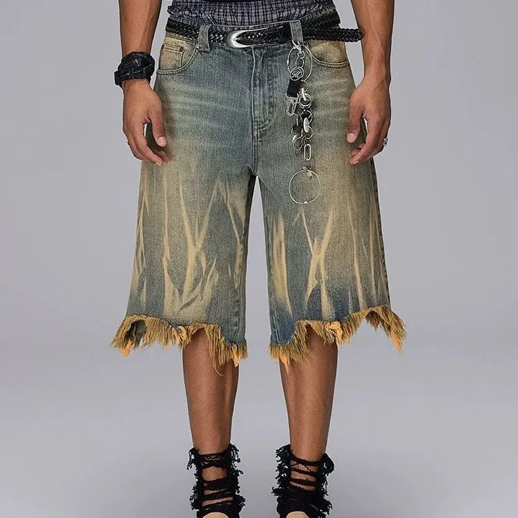 Men Tassel Trendy Capri Denim Pants Shorts Male Vintage Tie Dye Hip Hop Shorts Boy Hansdome Distressed Aged Ins Chic Y2K Shorts