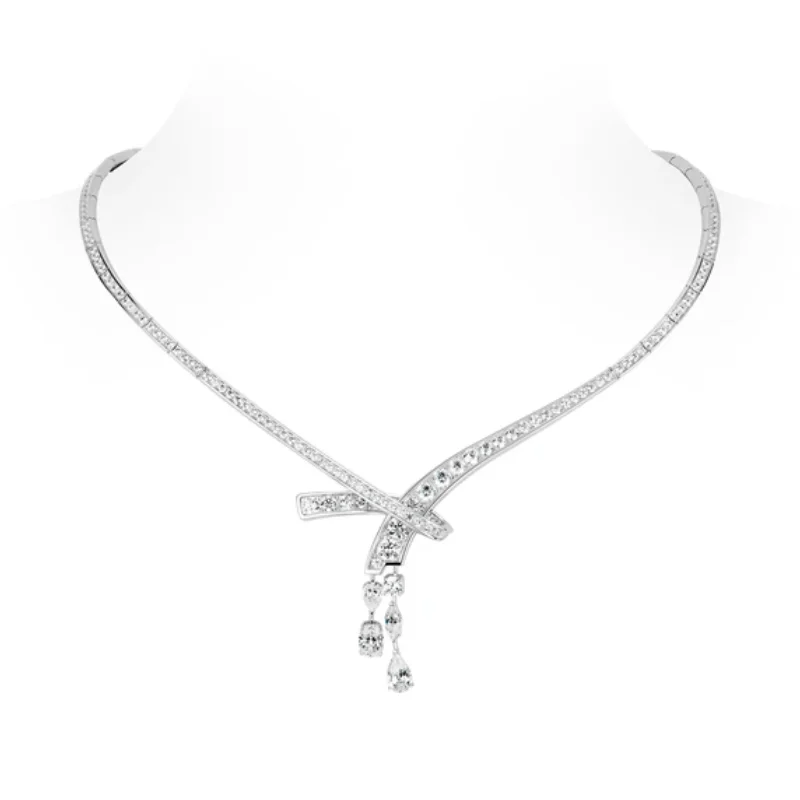 

BELLUX Pendant Chain 925 Silver Synthetic Zircon Pure White bowknot Water Drop Full Diamond Y-shaped Necklace for Women