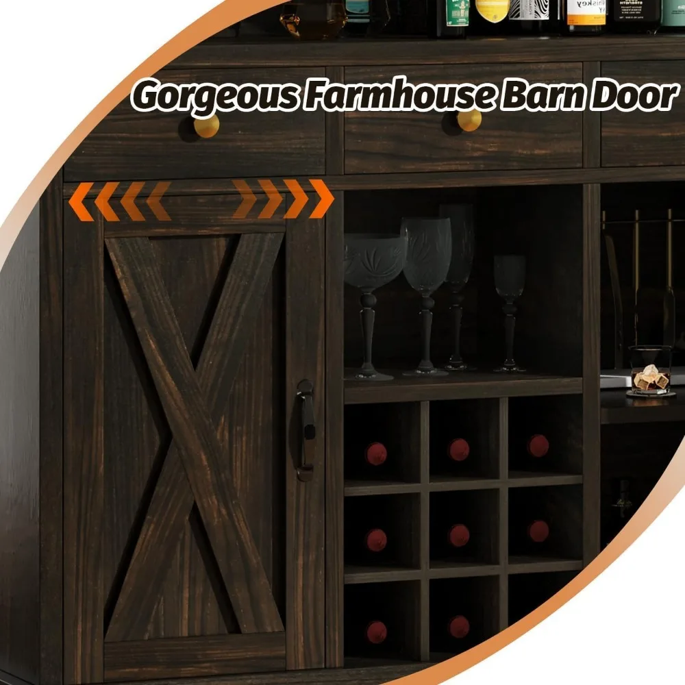 Farmhouse Bar Unit with 4-Tier Storage and 52 Inch Table with 3 Drawers and 9 Wine Racks, Barn Door and Footrest, Indoor Bar for