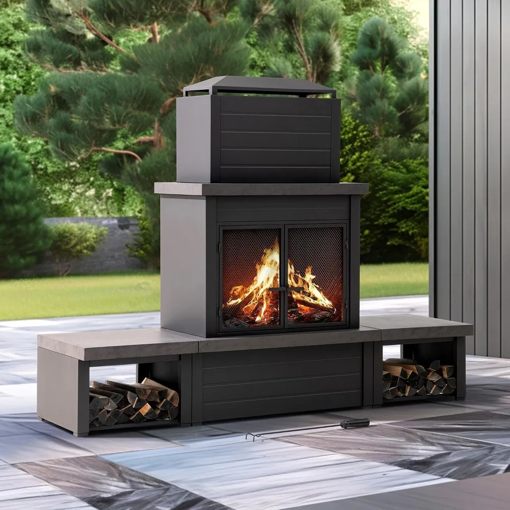 Modern Outdoor Wood Burning Fireplace with Chimney 2 Side Log Holders Locking Mesh Doors Removable Ash Pan Poker PVC Cover Brown