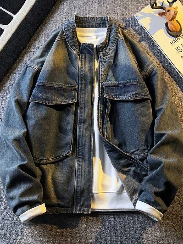 

Retro Large Pockets Cargo Denim Jacket for Men Spring Loose Coat Trendy Stand Up Collar Casual Zippered Jeans Jacket Top