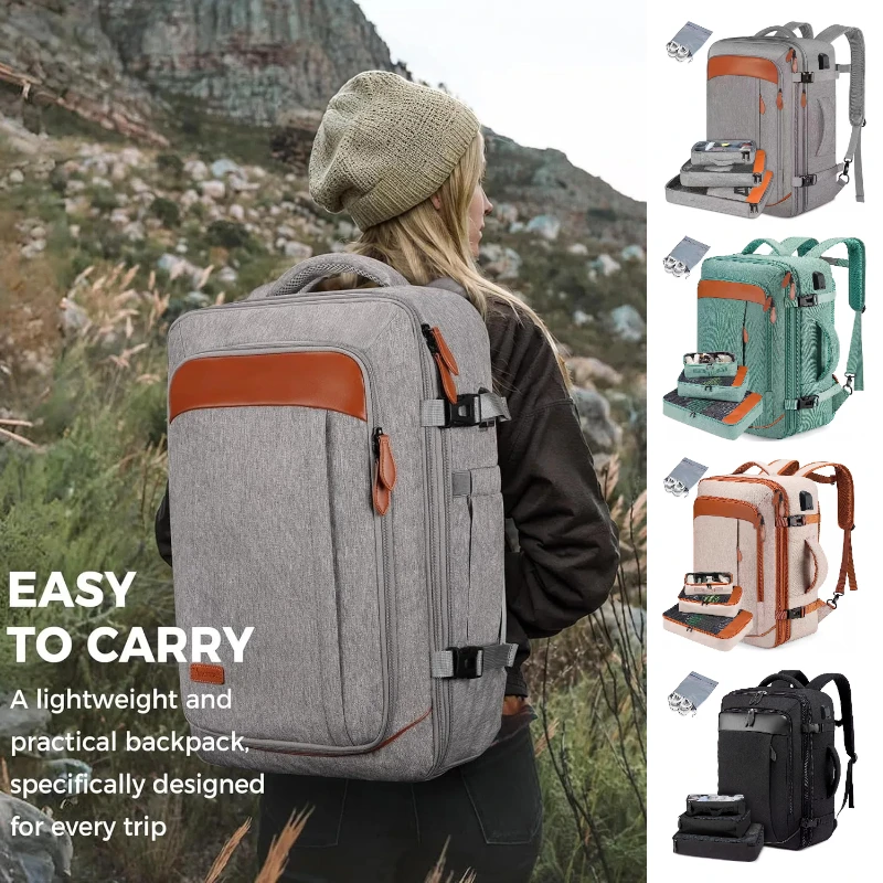 Carry On Backpack USB Charging Expandable 40L Flight Approved Travel Bag with 3 Packing Cubes Fits 17.3" Laptop