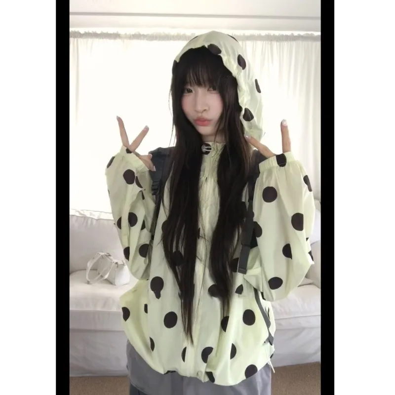 Polka Dot Women Jackets Korean Style Kawaii Hooded Oversized Lightweight Jackets Sunscreen Outwears Zip Up