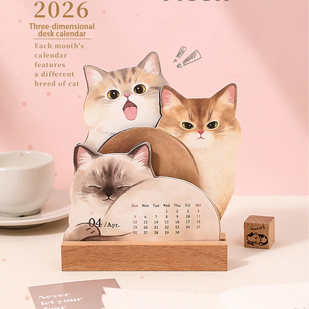 Calendrier de l'année 2026 avec la série chat et chien mignon, Structure de Support de Base robuste, calendrier de bureau de la série chat chien mignon