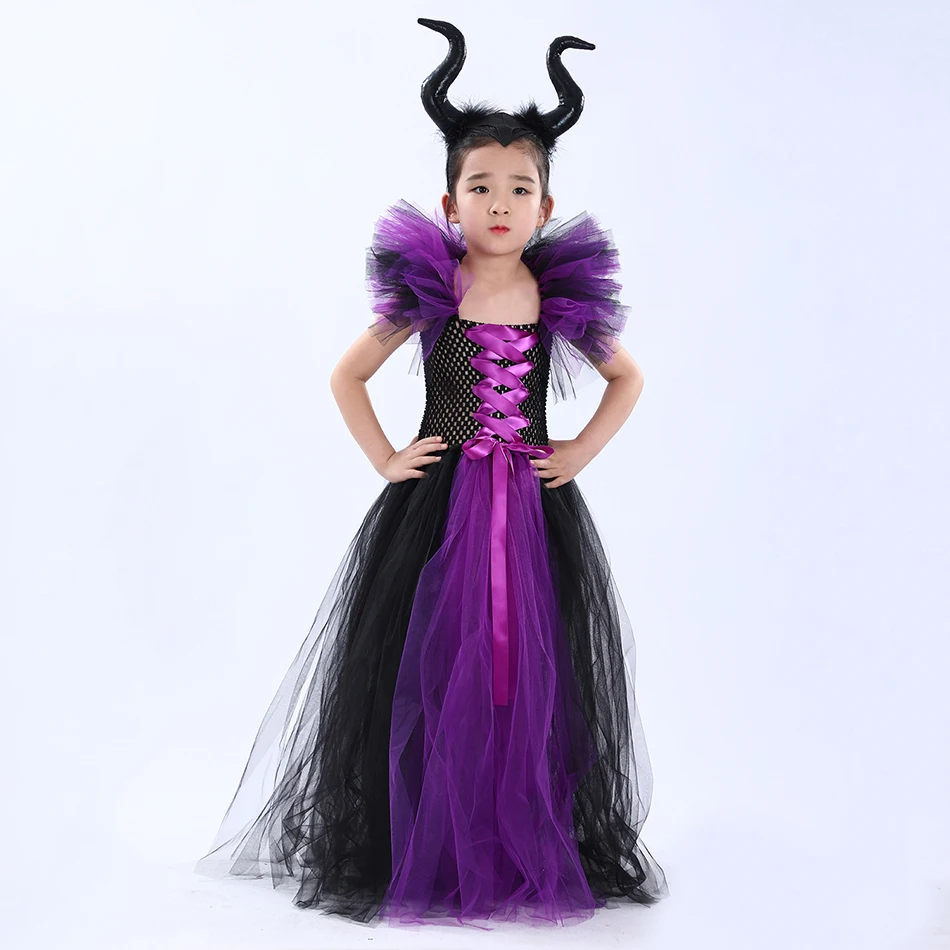 Schwarzes und Lila Hexenkostüm für Mädchen, Langes Tüllkleid mit Rüschen, Schulterfreies Maleficent-Cosplay-Outfit für Kinder zu Halloween und Karneval – Detail 4