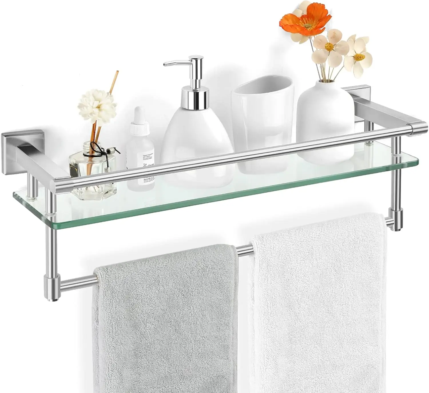 

Stainless Steel Glass Bathroom Shelf with Towel Bar, Wall Mount Over Toilet, Brushed Nickel 20-inch